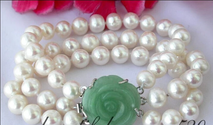 

z2362) 3row 10mm round white freshwater pearl bracelet jade @^Noble style Natural Fine jewe SHIPPING 5.25
