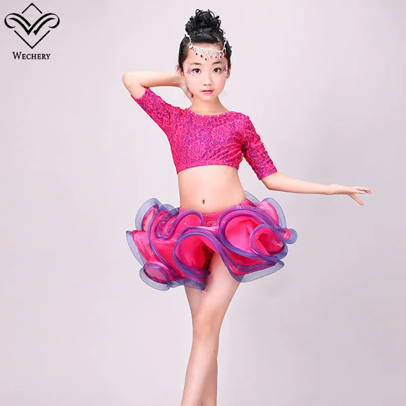 

Wechery Latin Tutu Skirt Girls Dancing Tops Two Piece Set for Performance Stage Lace Floral Flamengo Samba Dancing Clothing