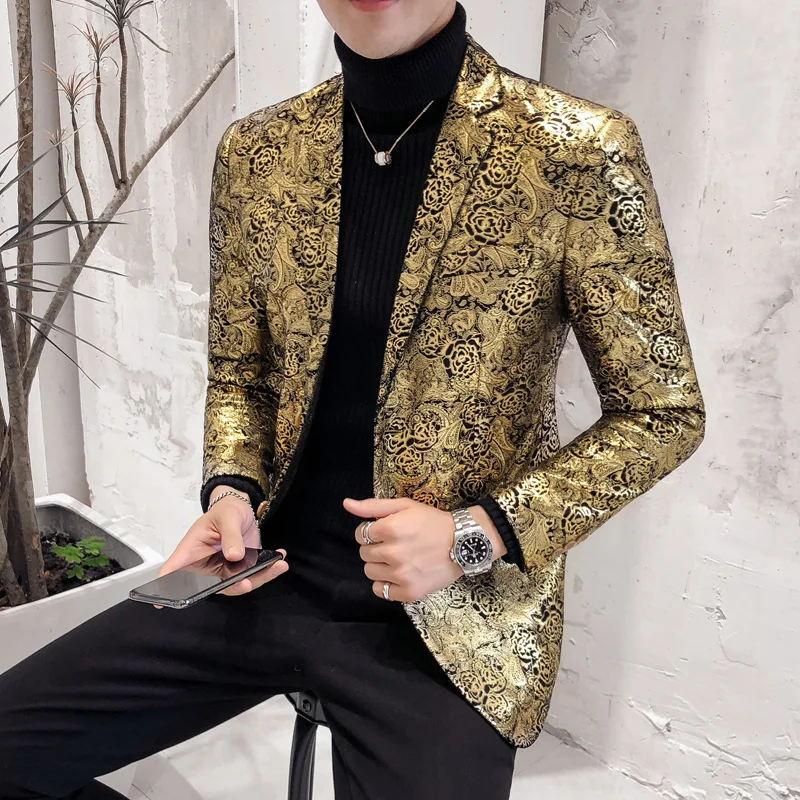 Роскошный Золотой блейзер для мужчин, приталенный мужской блейзер с цветочным принтом, пиджак в британском стиле, вечерние блейзеры для выпускного, свадьбы, большие размеры 5XL