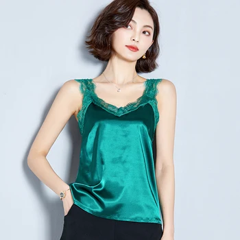 

2020 Fashion Brand Women's blouse Summer sleeveless Lace shirt Solid V-neck Casual blouse Plus Size Loose Female Top Red Green
