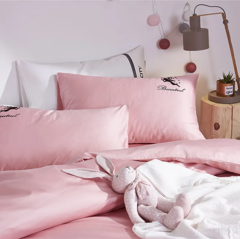 

100% Cotton Girls Duvet Cover Bed Sheet Linens set Pillowcases Pink White Princess Bedding Set King Queen size Bedding sets 38