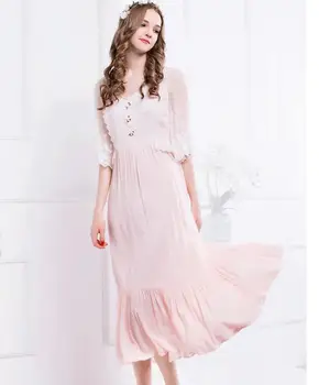 

Free Shipping 2016 New Summer Princess Nightdress Royal Pyjamas Women's Long Nightgown Pink Lace Sleepwear Can Outer Wear