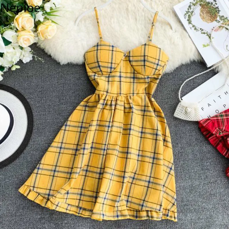 

Neploe Plaid Sweet Girl Summer 2019 Women Dress Fashion Backless Camis Vestidos Chic V-Neck Sleeveless Pleated Dresses 43346
