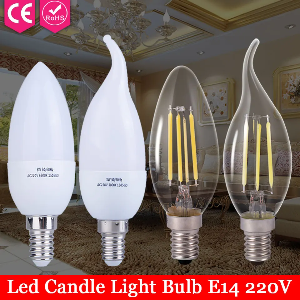 E14 светодиодный лампочка 3W 5 Вт свечи лампы 220 В пламя 2 4 Edison стеклянная лампа с