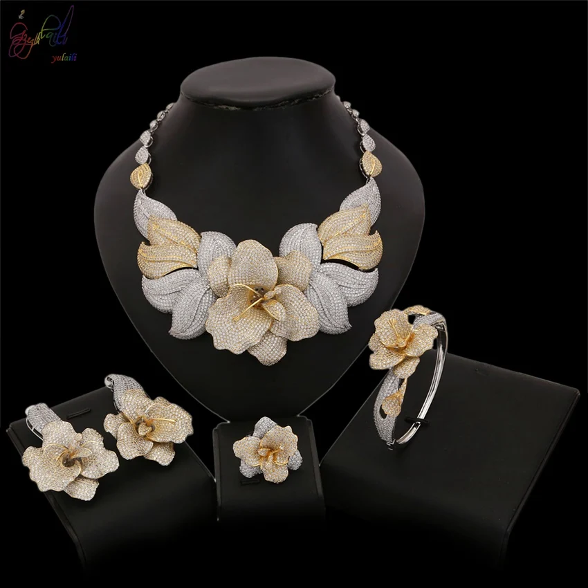 

YULAILI 2018 Cubic Zirconia Jewelry Set for Women Silver Gold Color Choker Necklace Bangle Earrings Ring Sets Valentine's Gift