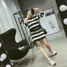 Women Autumn Outfit Tassel Black White Stripes Coat Package Buttocks Short Skirt Two piece Knitted Suits