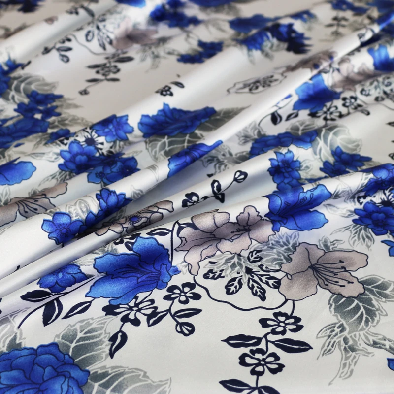 

Chinese vintage blue white flowers satin dress fabric tecido