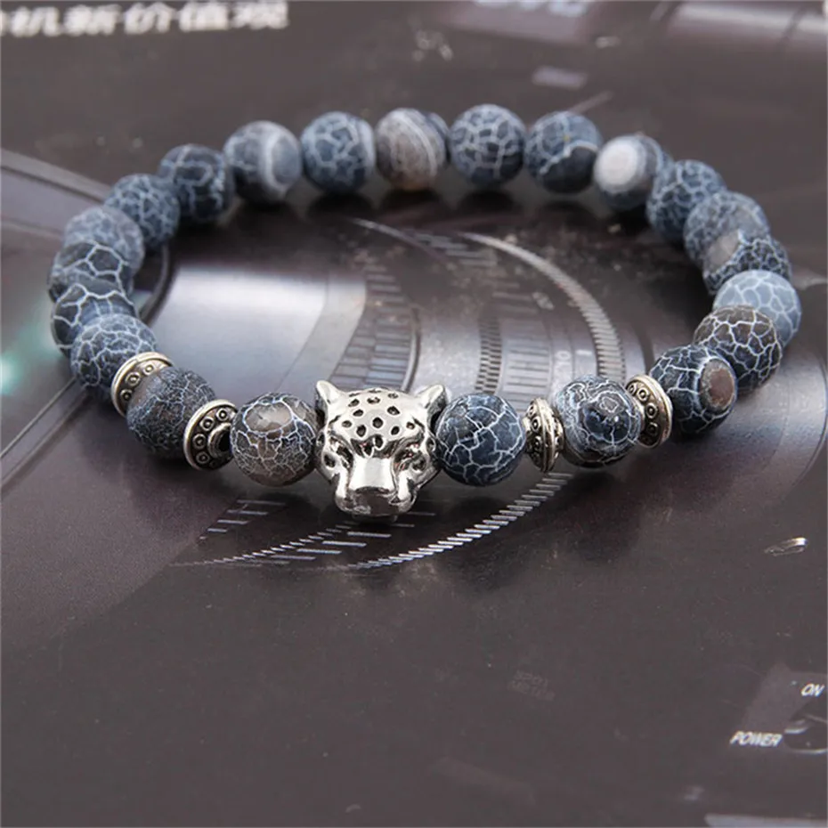 Antique Natural Stone Leopard Head Beaded Bracelet Beads Black Gray Lava Rock Stone Men Women Boy Gifts Couple Bracelets (12)