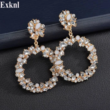 

Exknl Wedding Metal Dangle Statement Earrings For Women 2019 Pink Blue Crystal Fashion Drop Earrings Jewelry Gift