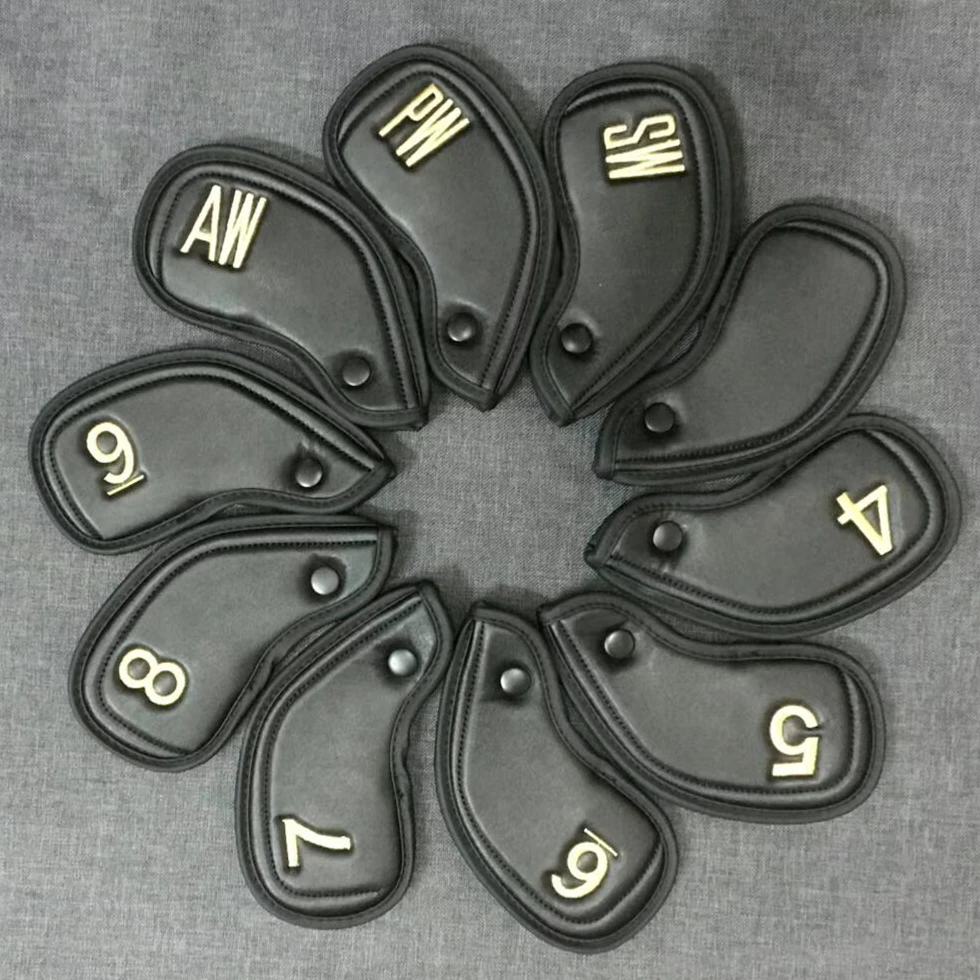 2018 Newest Universal Golf Iron Club Head Cover Set Gold Upscale PU Golf Cover Protector with Number Bank/4-9/AW PW SW 10pcs/set