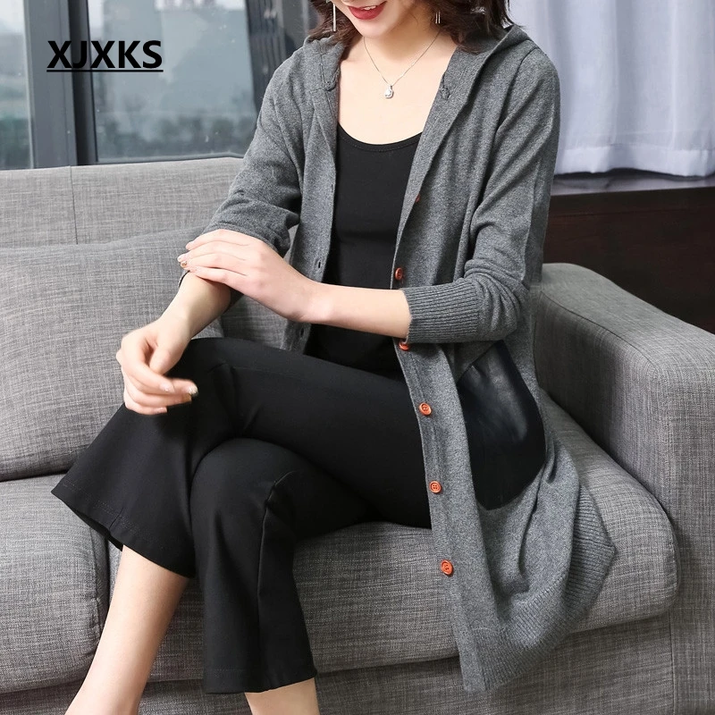 

XJXKS Hooded 2019 patchwork fabrics casual outwear women cardigan sweater with pockets good quality women long cardigan coat