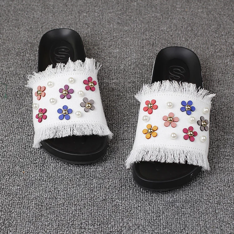 2016 New Korean Female Summer Sandals Casual Slippers Online Denim Daisy Pearl Ladies Comfort Footwear Cheap51