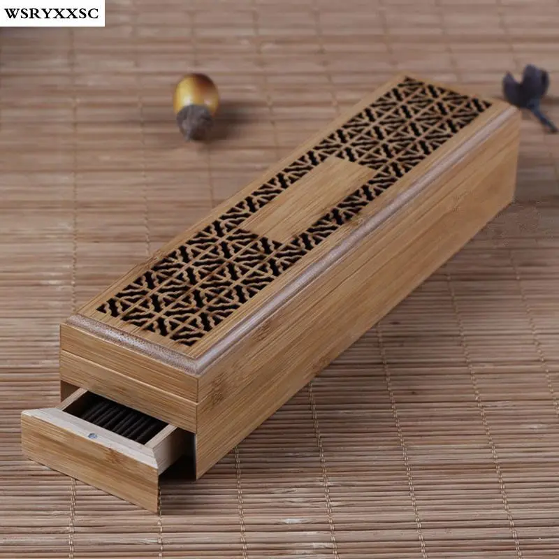 Incense Burner Bamboo Storage Box Incense Holder with Double Drawer