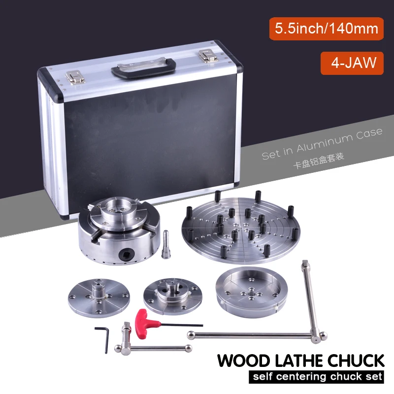 

5.5inch/140mm Wood lathe chuck High Quality 4 Number Of Jaws Self-center Chuck Set in Aluminum Case 4 Jaw mini woodworking lathe
