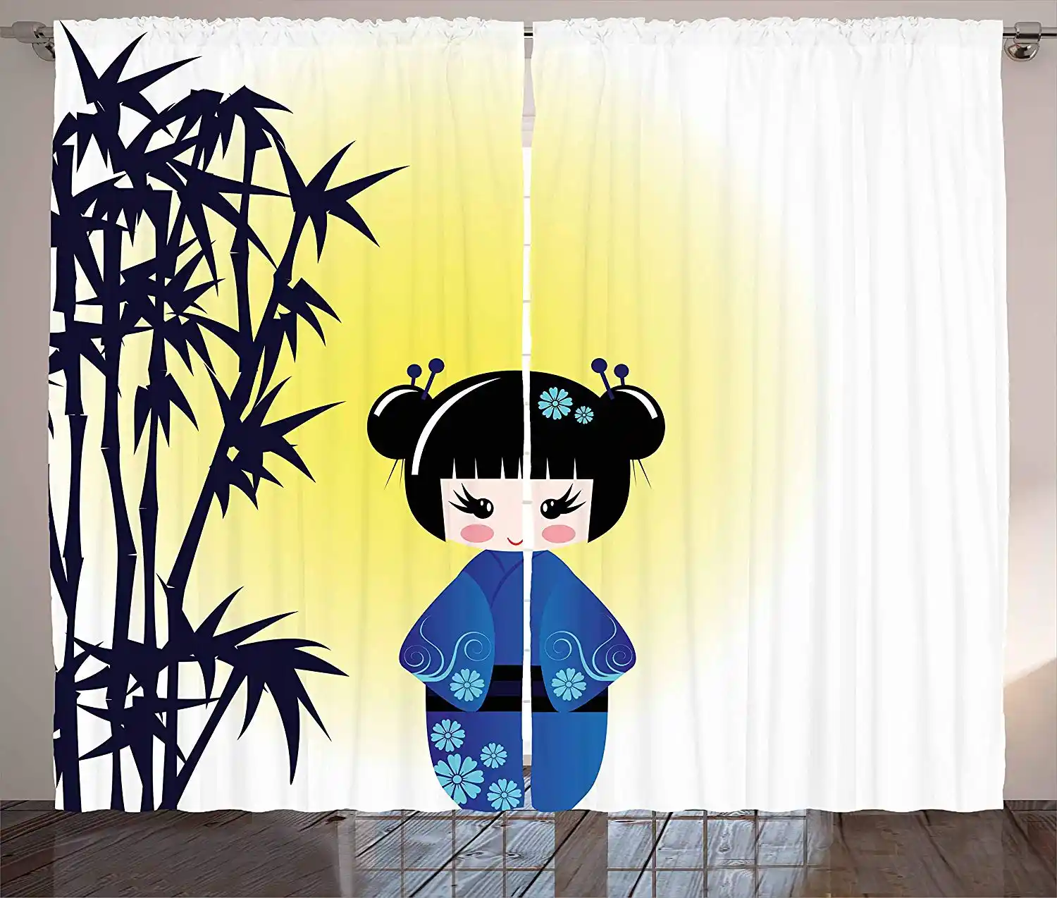 Anime Curtains Illustration Of A Kokeshi Doll And Bamboo Tree