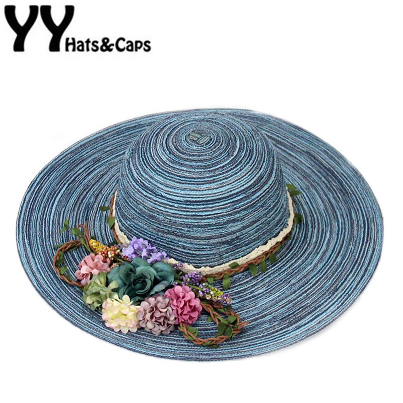 

Elegant Floral Sun Visor Hats Wide Brim Beach Cap Straw Summer Sunhat Women Floppy Sunhats Ladies Tea Party Hats Femme YY17130