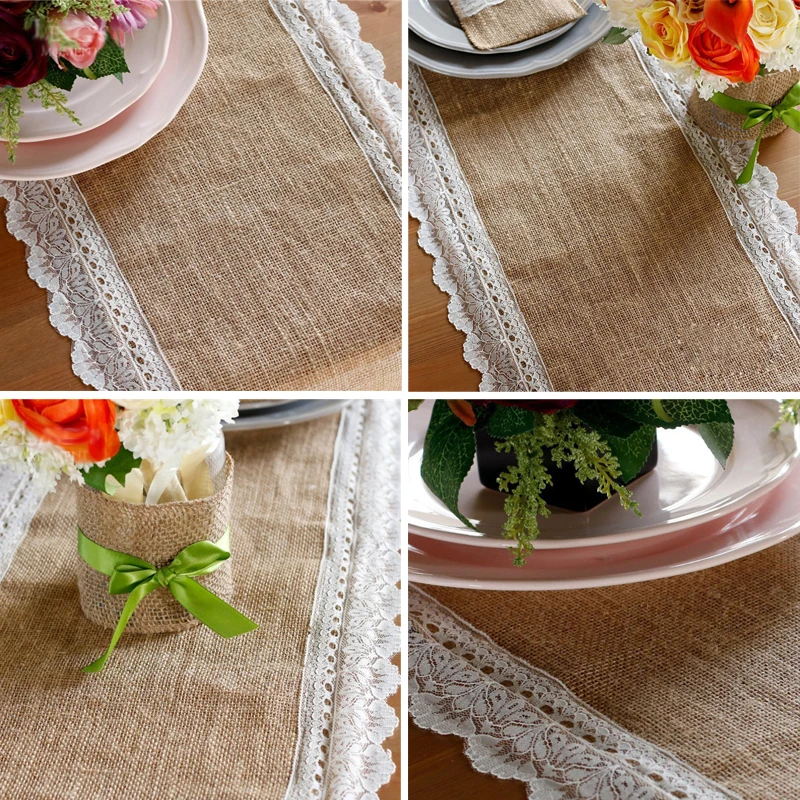 

Burlap Lace Hessian Natural Jute Table Runner for Wedding Party Festival Event Table Decorations 30 X 275cm