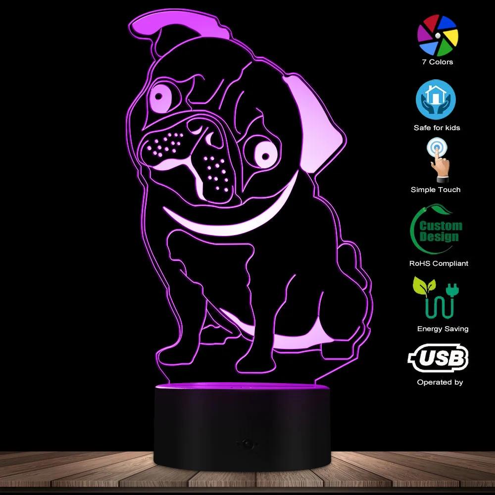 3D грустно Английский бульдог Форма Оптическая иллюзия светильник светодиодный ночник Pet Puppy животного Цвет Изменение Настольная
