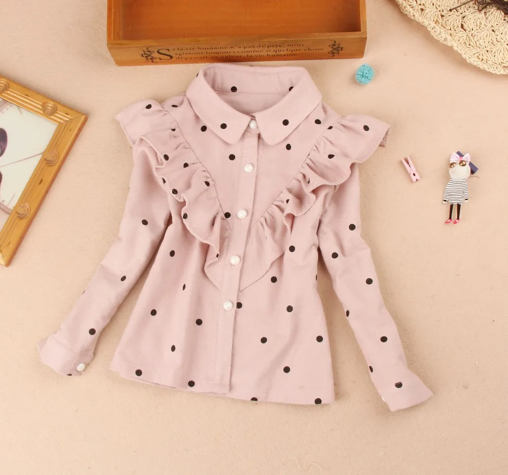 Autumn Girls Tops And Blouses Kids Clothes Children Clothing School Girl Ruffle Blouse Polka Dot Cotton Child Shirt2-16Y