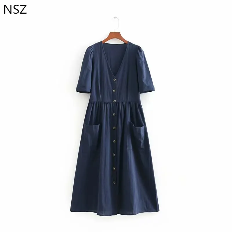 

NSZ Women Cotton Linen Casual Midi Dress Short Sleeve Pleated V Neck Solid Dress