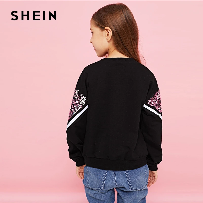 SHEIN/Детский Повседневный пуловер с контрастными пайетками; толстовки для девочек; топы; коллекция года; Весенняя Корейская одежда с длинными рукавами для детей и подростков