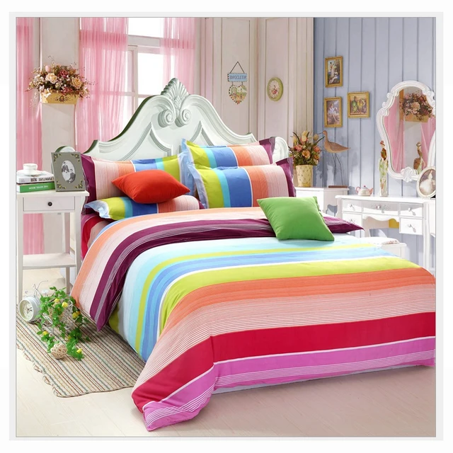 Colorful Stripes Rainbow 4Pcs Single/Twin/Full/Queen Size Bed Quilt
