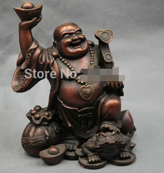 

Fast shipping 7'' China Bronze Happy Maitreya Buddha hold ingot Ruyi Bronze Statue