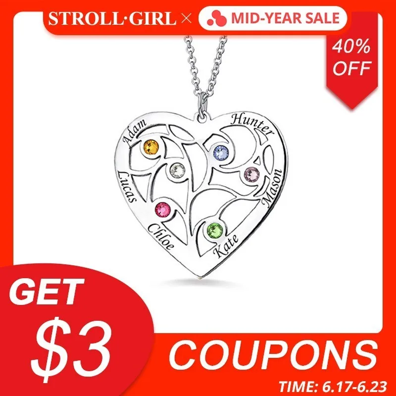 

StrollGirl Personalized 925 Sterling Silver Heart Shaped Life Tree Necklace Custom Name and Birthstone Mother's Gift Free Shippi