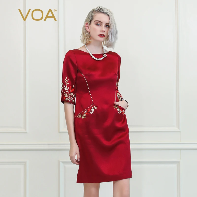 VOA гранат красный Вышивка Sexy Современное платье Ципао Для женщин Китайская