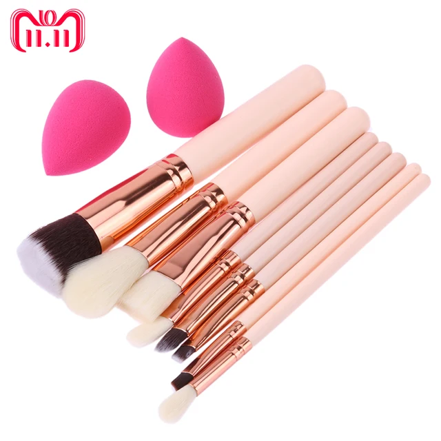 لينة 8 قطع روز مكياج ذهبي فرش عينيه مسحوق أحمر الخدود مؤسسة فرشاة أدوات مكياج 2 قطعة إسفنج مسحوق تجميل طقم مستحضرات التجميل سهلة الاستخدام