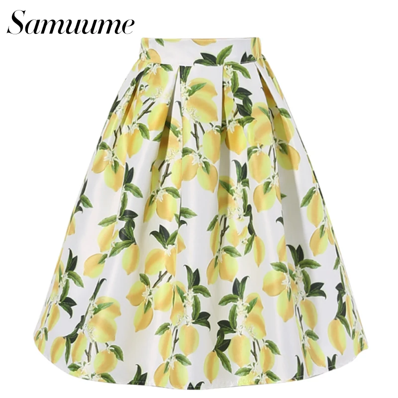 Samuume Fresh Yellow Lemon Print Embroidery Midi Skirts Women 2017