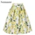 Samuume Fresh Yellow Lemon Print Embroidery Midi Skirts Women 2017 Elastic High Waist Novelty Pleated Skirts Saias A1603018