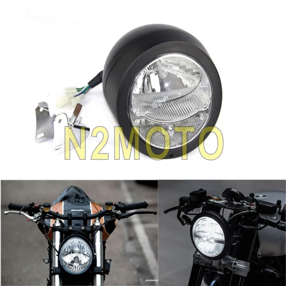 

Black Motorcycle Headlight Universal For Cruisers Choppers Cafe Racer Lamp Light Twin Bulb