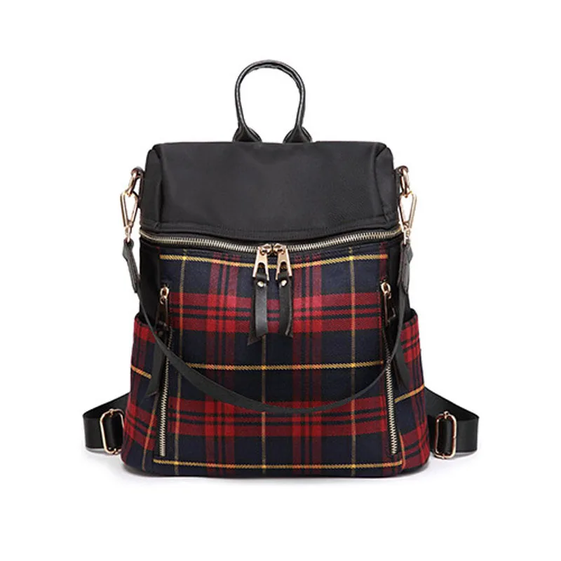 

Red or Green plaid women travel backpack school shoulder bag with tote