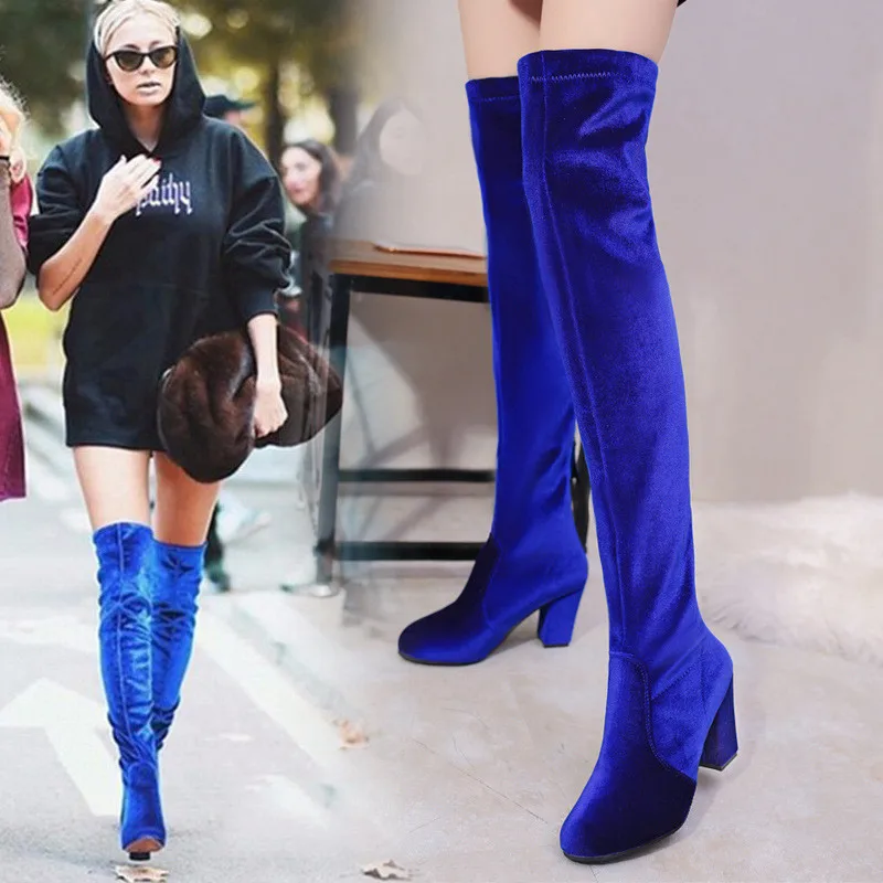 Rond Boot Bout Épais Talons sjy5250 Chaud Velours Le D'hiver Femmes Sur Nouveautés Blue Black Chaussures 2018 Bottes 43 De Red Haute Genou Sjy5250 sjy5250 Taille qaZ6nfwxO