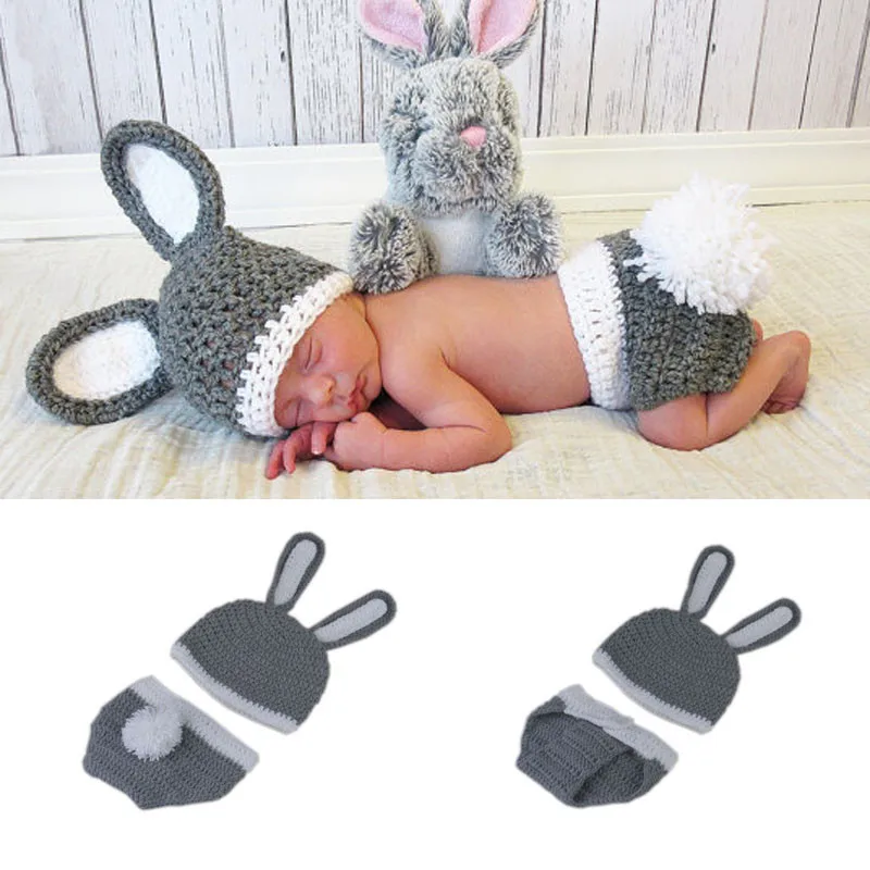 

Photography Photo Prop Hat Cap Set Outfit Newborn Baby Crochet Knit Costume Newborn Baby Boy Gray Rabbit Knit Clothes Prop Outf