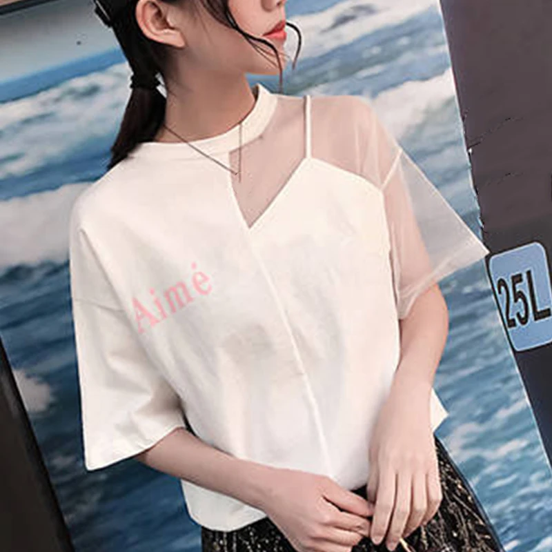 

Sexy Patchwork Mesh Tops Summer Women T-shirt Korean Style Round Collar Short Sleeve Tee Shirt Femme Streetwear T Shirt Blusas