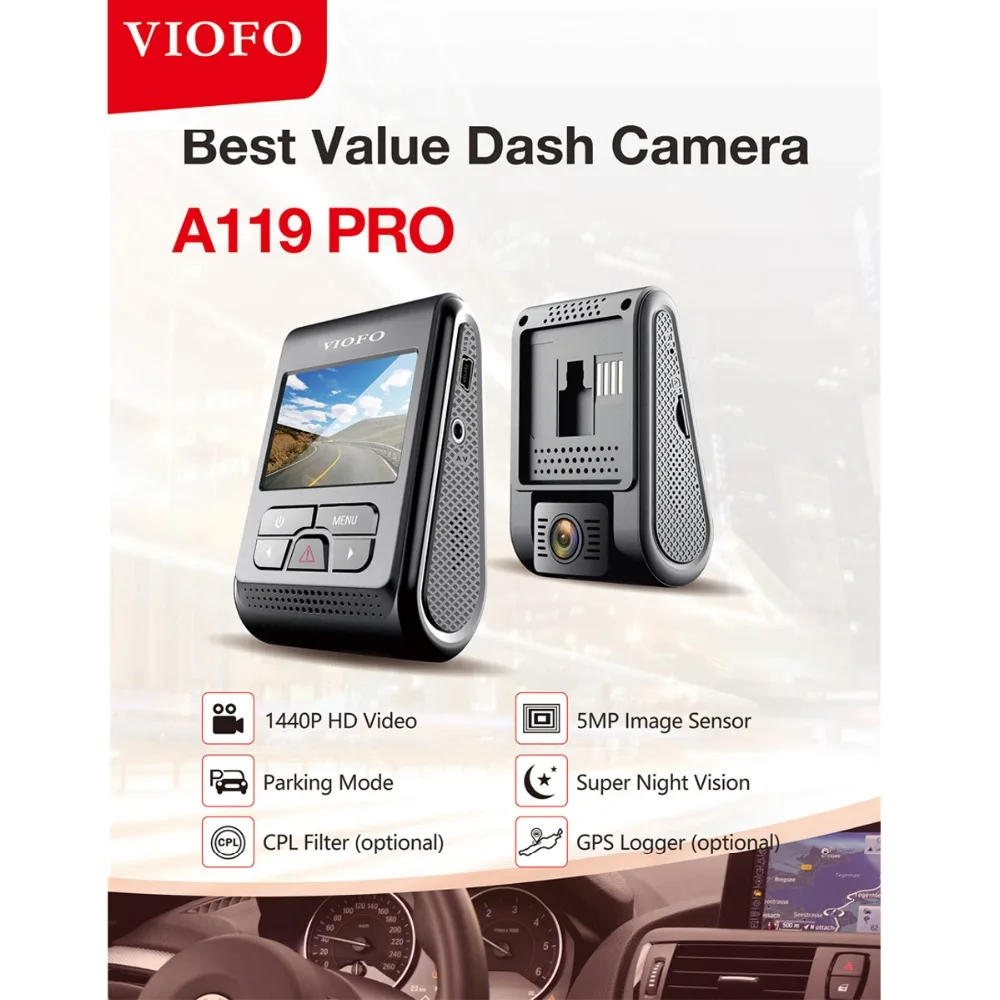 VIOFO A119PRO 2K HD Car Dash Camera Capacitor 5MP G-sensor Video Record 130° FOV 