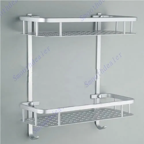 

F85    Multi-functional Space Aluminum Bathroom Double Shelf Racks With Hooks