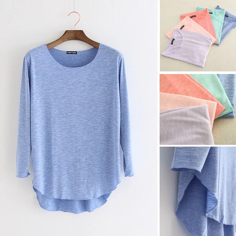 

100% Bamboo Fiber cotton Comfortable soft summer Long Sleeve t-shirt women tshirt tops O Neck Casual Loose Asymmetric t shirt