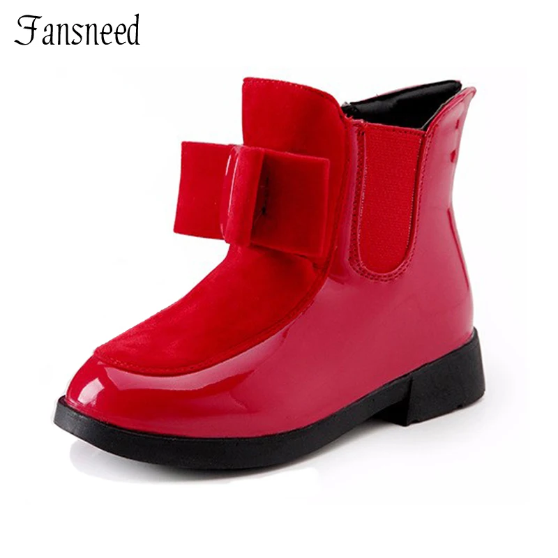 

2018 new autumn and winter boots kid's shoes girls bow in the wind with mid-top of the carved boots
