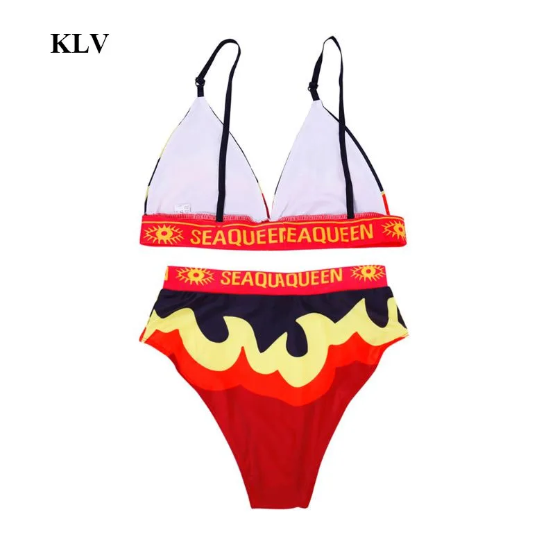 

Womens Sexy Two Piece Bikini Set Gradient Contrast Colored Fire Flame Printed Swimsuit High Waist Waistband Wireless No Padded