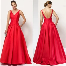 Wunderschöne Rot/Blau Party Kleider Für Frauen V-ausschnitt A-linie Satin Günstige Brautkleider Backless Ruched Sweep Zug Abendkleid