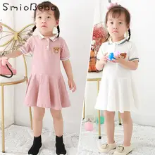 Платье с отложным воротником в школьном стиле для маленьких девочек, красное платье для девочек, Вышитое медведем в виде листьев лотоса, с коротким рукавом, маятниковое платье, От 1 до 6 лет