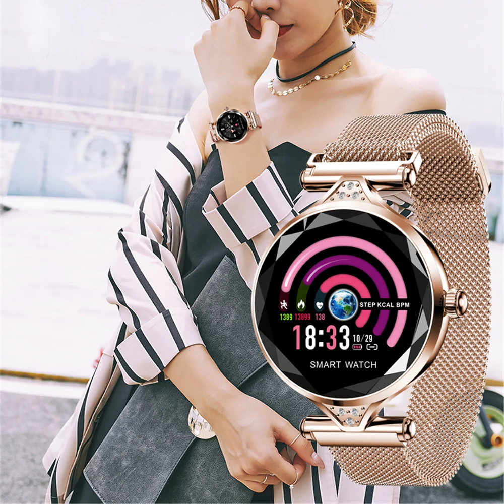 H1 Women Fashion Smart Watch Blood Pressure Heart Rate Monitor Fitness Tracker Bracelet lady Smartwatch Diamond Color Screen