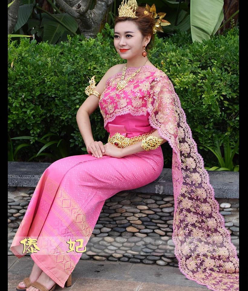 

Thailand special clothing Thai Dai traditional shoulder sleeveless veil with straight slit pink blossom Minority costume
