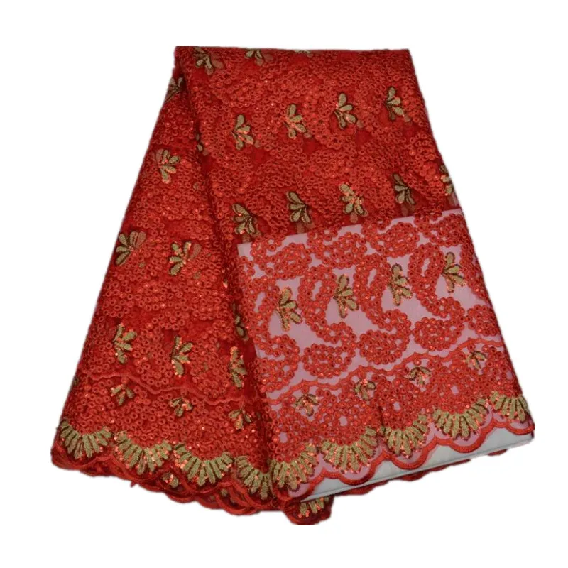 

Elegant RedFrench Net Border Embroidered Lace Fabric for Bridal Dress with Sequins