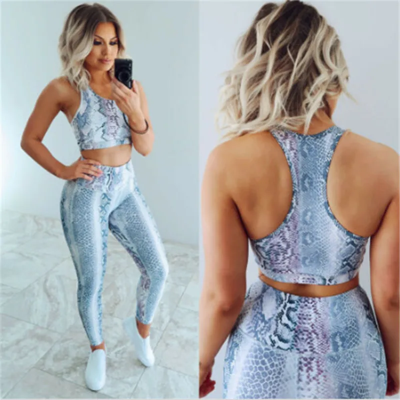 

Women Snake Print Sports Wear Casual Sexy Slim Fitness Workout Suit Crop Top Bra + High Waist Pants Tracksuit For Women Gyms Set