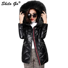 SHILO GO пуховое кожаное пальто женская зимняя модная куртка из натуральной овечьей кожи с капюшоном с натуральным лисьим меховым воротником пальто с длинными рукавами