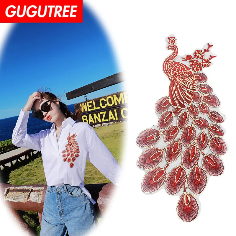 

GUGUTREE embroidery big peacock patches animal patches badges applique patches for clothing XC-168